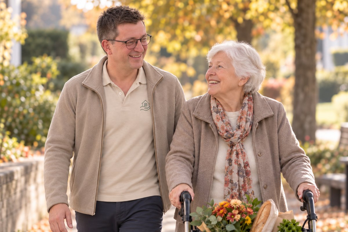 Ein Alltagsbegleiter geht im Gespräch neben einer älteren Dame am Rollator einen herbstlichen Gehweg entlang.