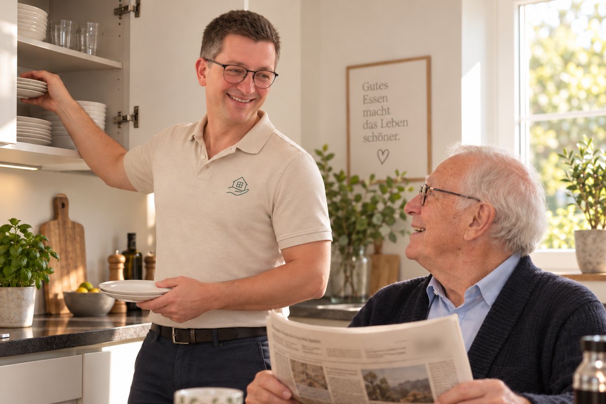 In einer hellen Küche wird Geschirr in den Schrank geräumt, ein älterer Herr sitzt am Tisch, liest Zeitung und lacht.