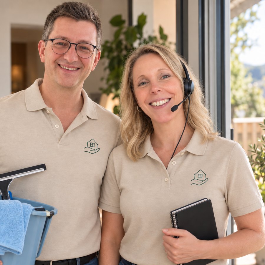 Die beiden Inhaber von Liebhold Service nebeneinander: er mit Eimer und Fensterabzieher, sie mit Headset und Terminplaner.